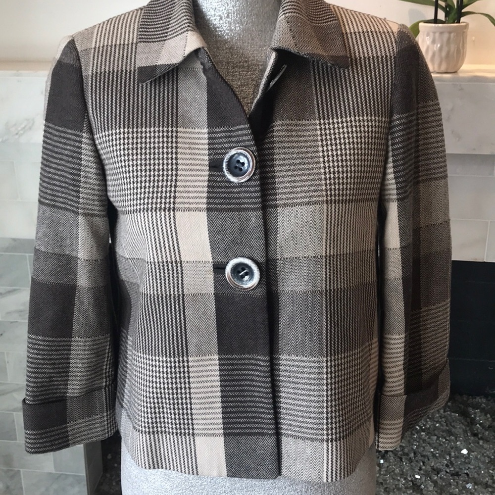 Tahari Brown Plaid Wool Blend Jacket 2P EUC - Picture 2 of 7